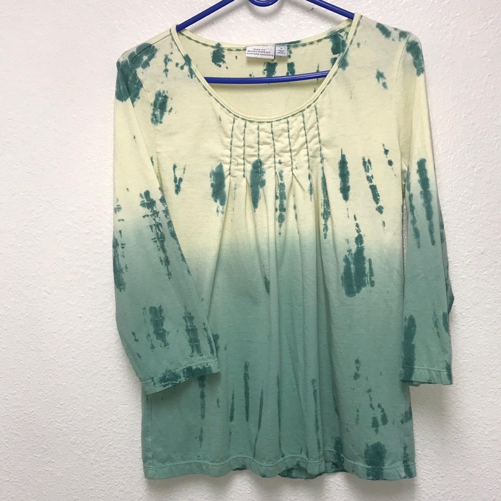 Great Northwest Women’s 3/4 Sleeve Tie Dye Pale Yellow Green Pullover Boho Top